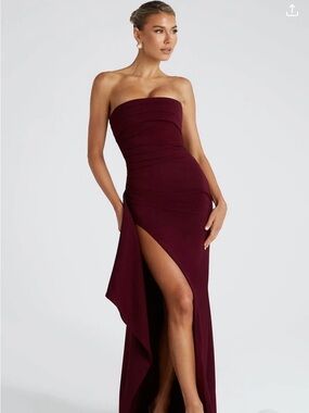 Strapless Burgundy Evening Gown with High Slit